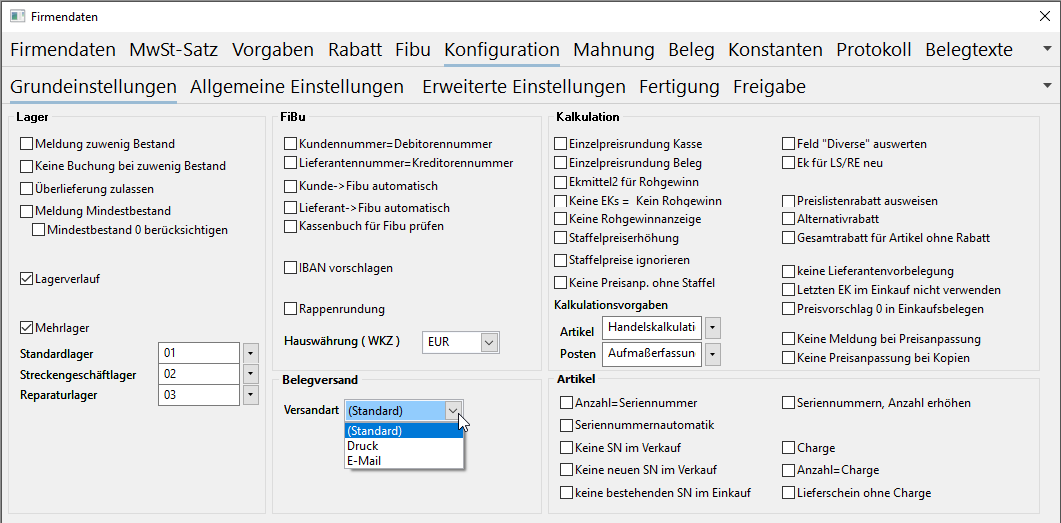 Belegversand Firmeneinstellungen