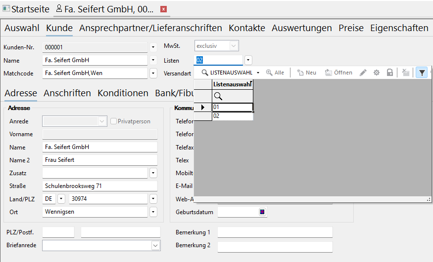 Belegversand Listenauswahl Kunde