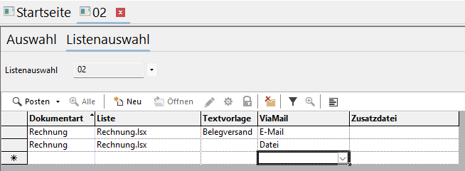 Belegversand Listenauswahl