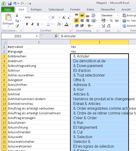 Übersetzten Text nach Excel kopieren