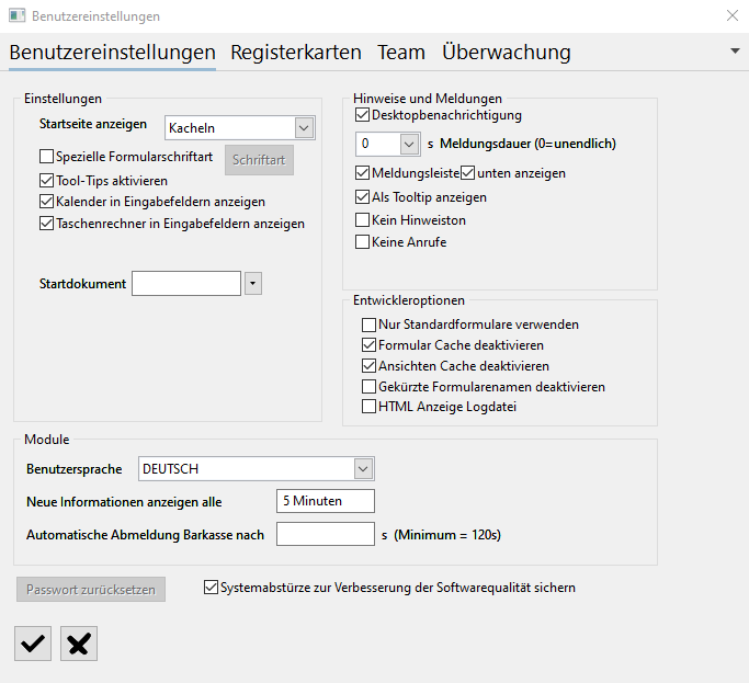 Sprachauswahl in der Benutzereinstellung