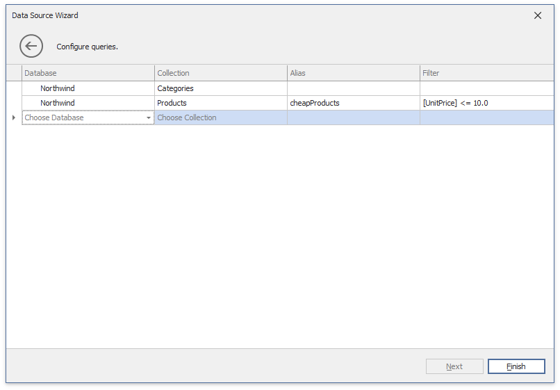 Datenquellen-Assistent MongoDB gibt Quueries an